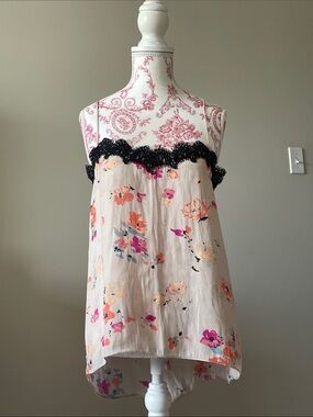 Zara Floral Print Spaghetti Strap Cami with Black Lace Trim